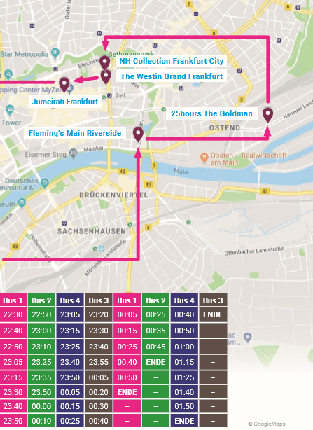 Shuttle-Bus Route Frankfurt – zweiter Routenabschnitt und Abfahrtszeiten